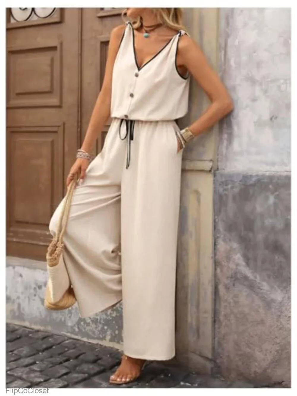 Sleeveless V Neck Button High Waist Summer Jumpsuit